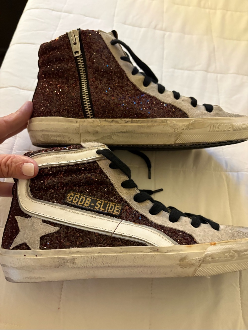 GOLDEN GOOSE: Glitter High-Top Sneakers in Burgundy
